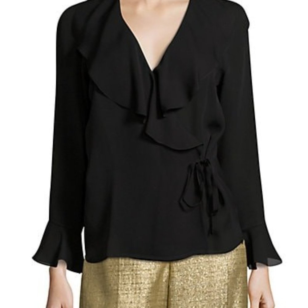 BRAND NEW ETRO BLACK RUFFLE FRONT WRAP BLOUSE WITH RUFFLE SLEEVES IN SIZE 42 (8)